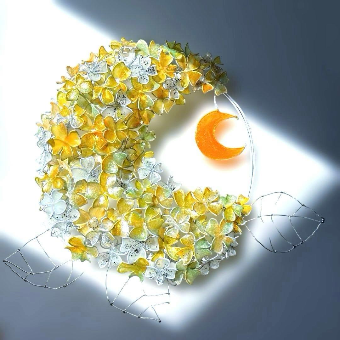 一点物　月×大きな紫陽花リース　ワイヤークラフト　ディップアート　アート