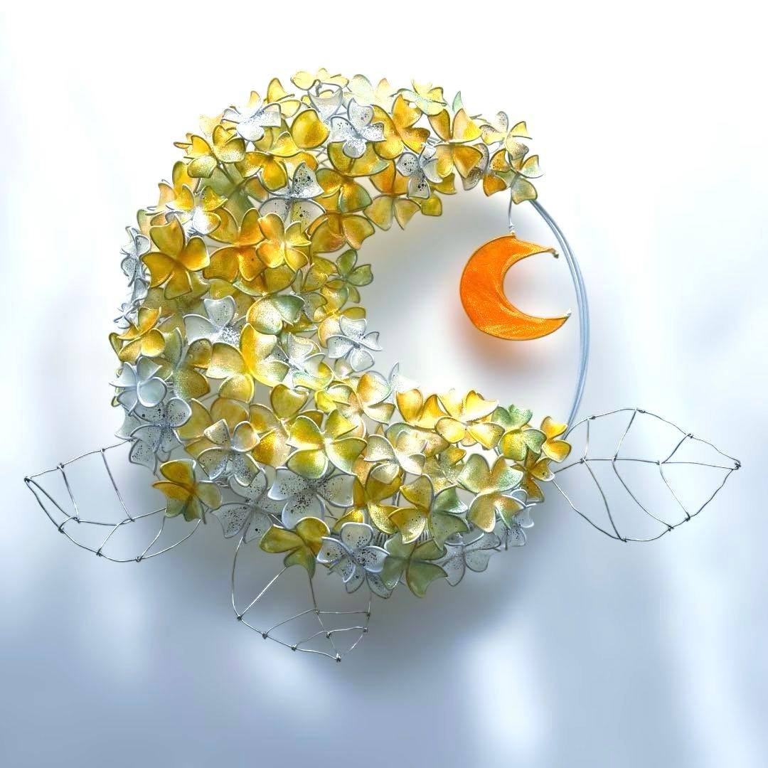 一点物　月×大きな紫陽花リース　ワイヤークラフト　ディップアート　アート