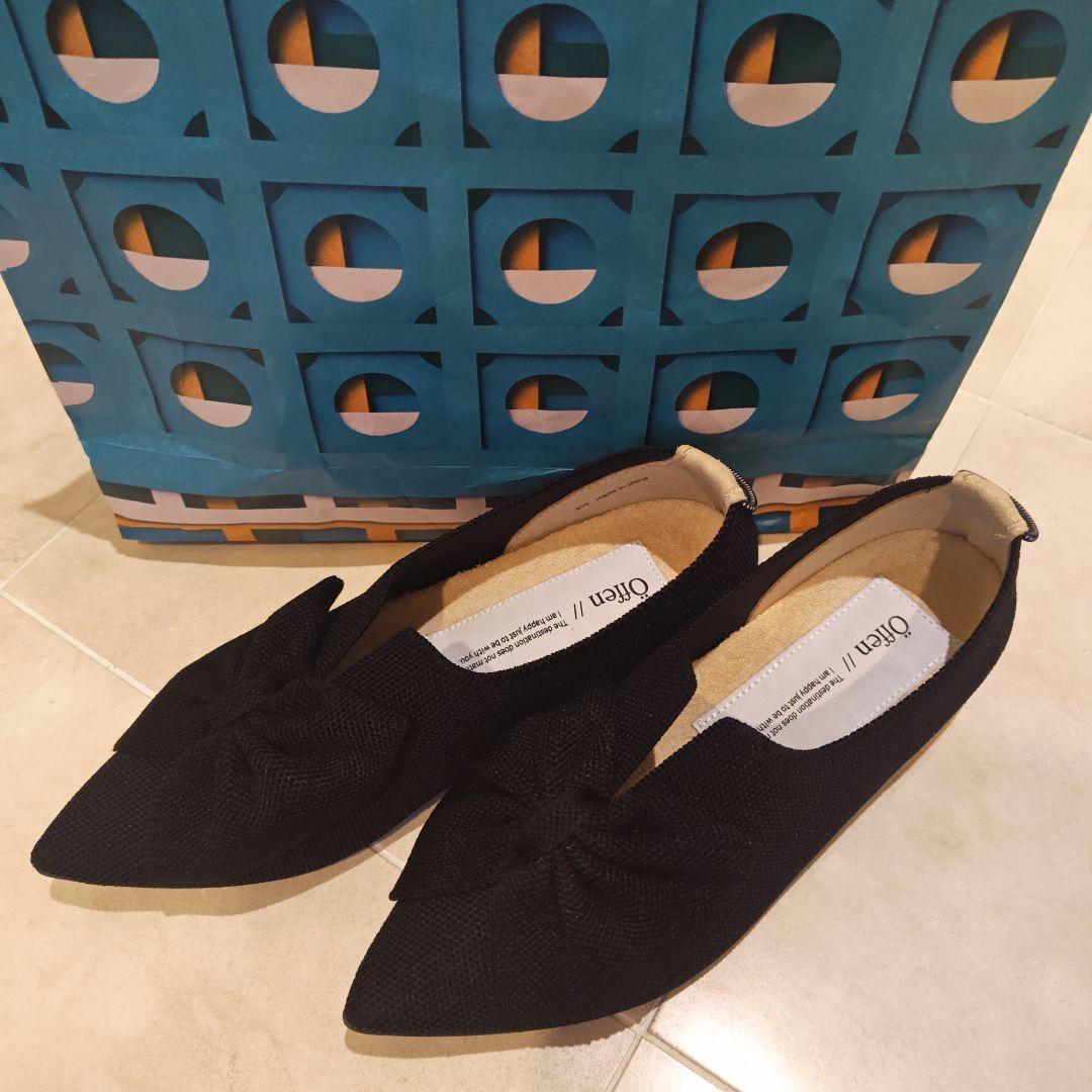 offen リボン付き黒フラットシューズ(新品)