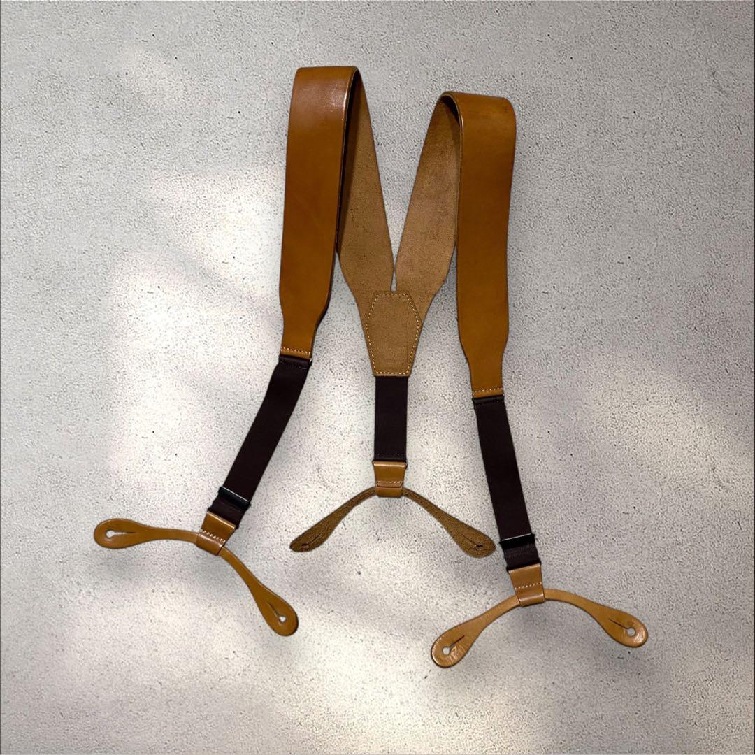 【美品】eight-g本革サスペンダー幅広キャメルボタンホールメンズエイトジー