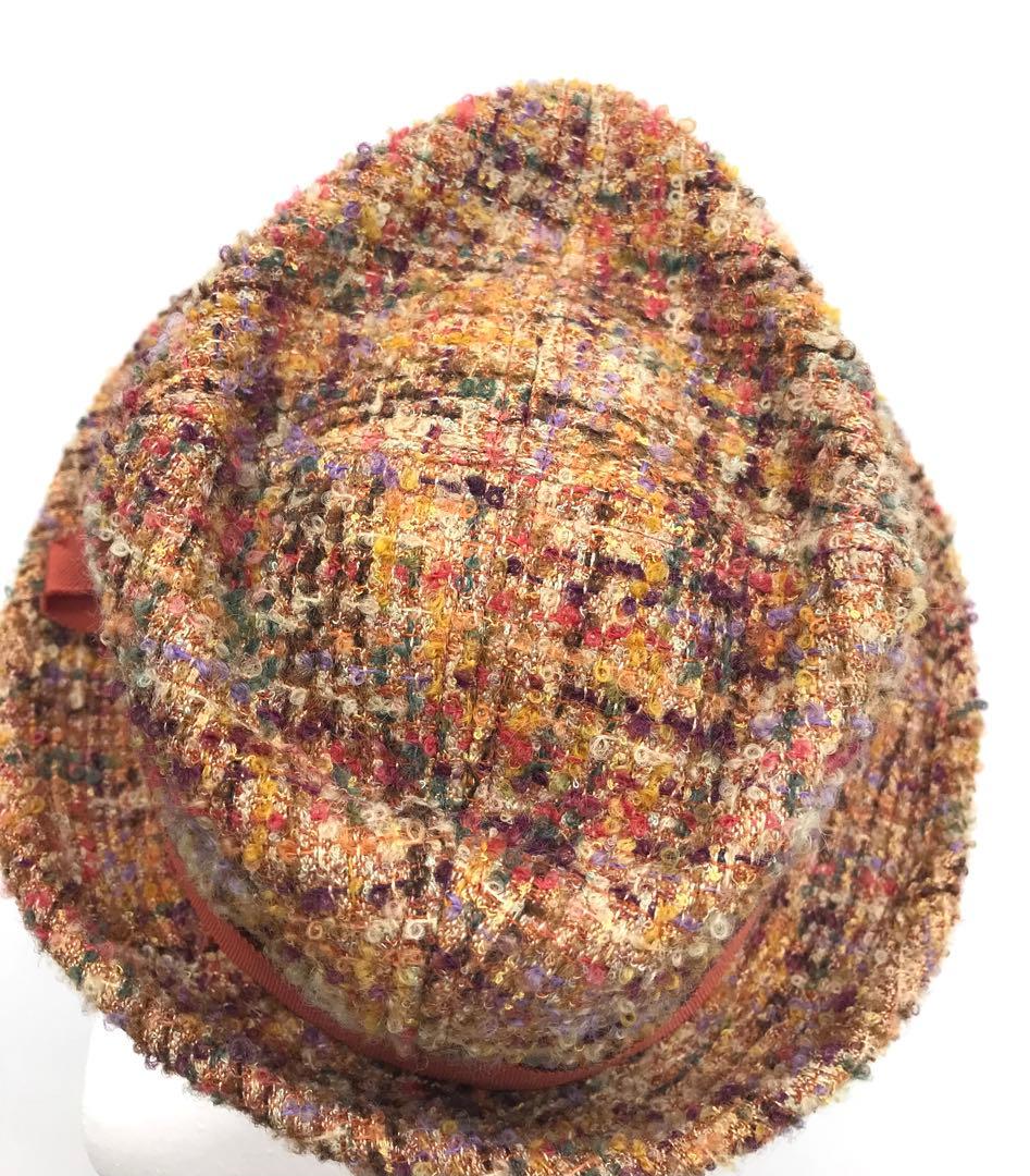 新品カシラCA4LAツイードハット中折れ帽オレンジブラウン黄色高級リボンモード系