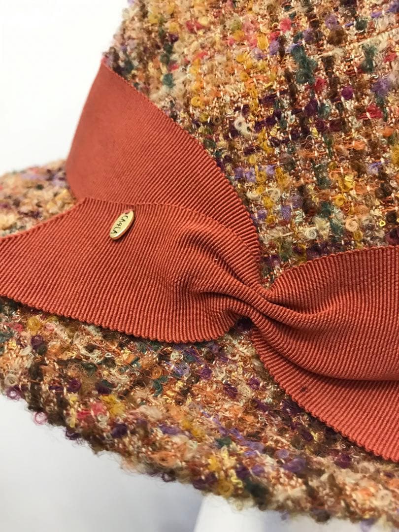 新品カシラCA4LAツイードハット中折れ帽オレンジブラウン黄色高級リボンモード系