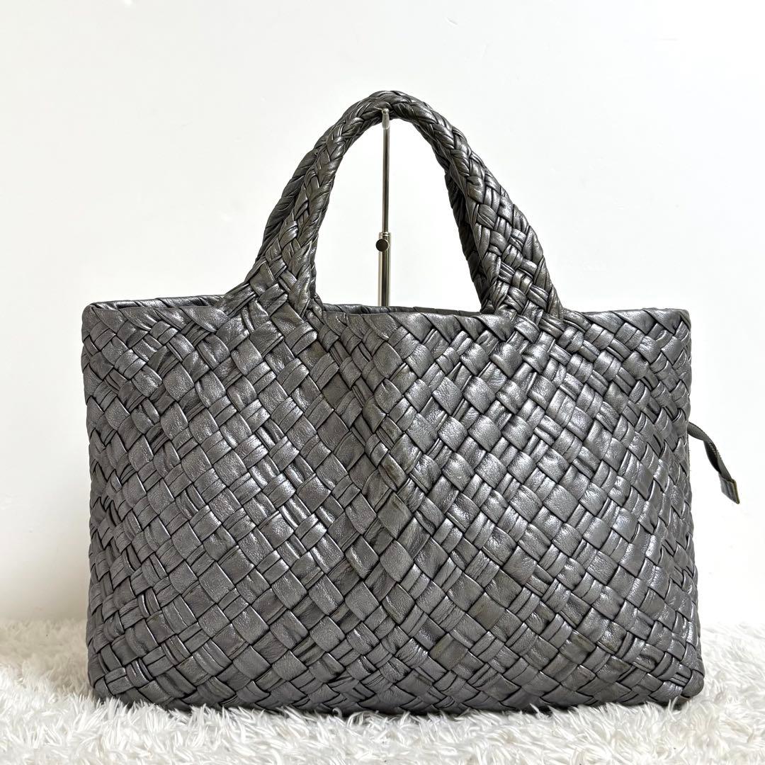 ファロルニ トートバッグ 編み込み レザー ハンドバッグ ポーチ付き