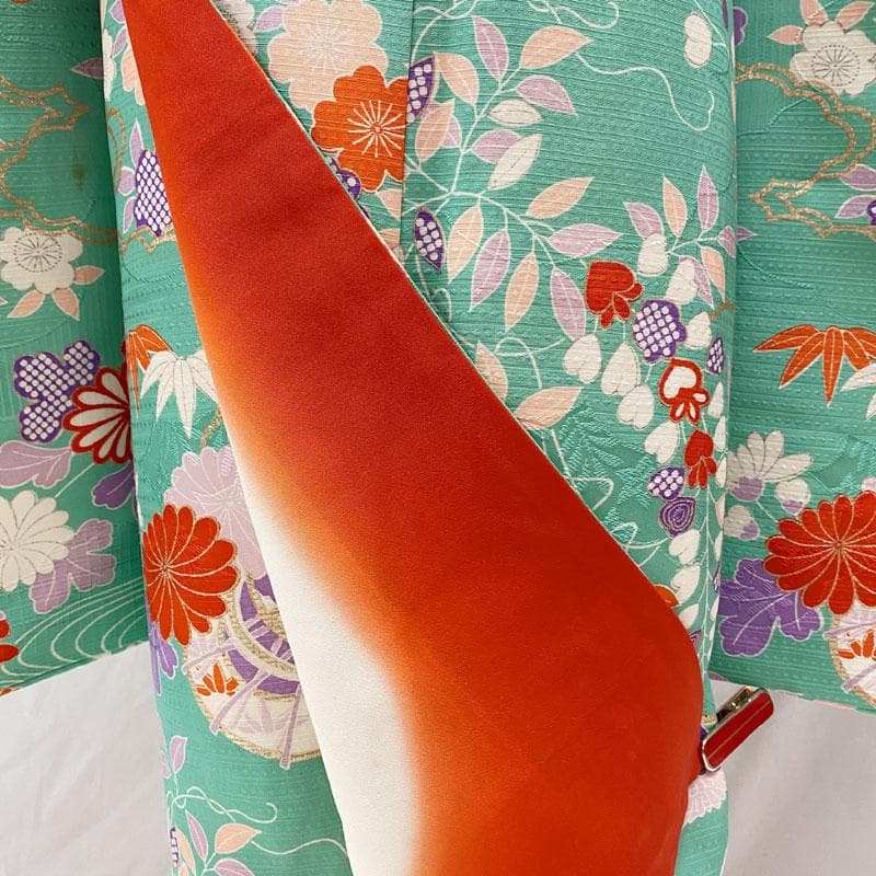 510ag39、帯揚げ帯締めしごき◎七五三 七歳 女児 着物&袋帯 総柄 銀彩◎