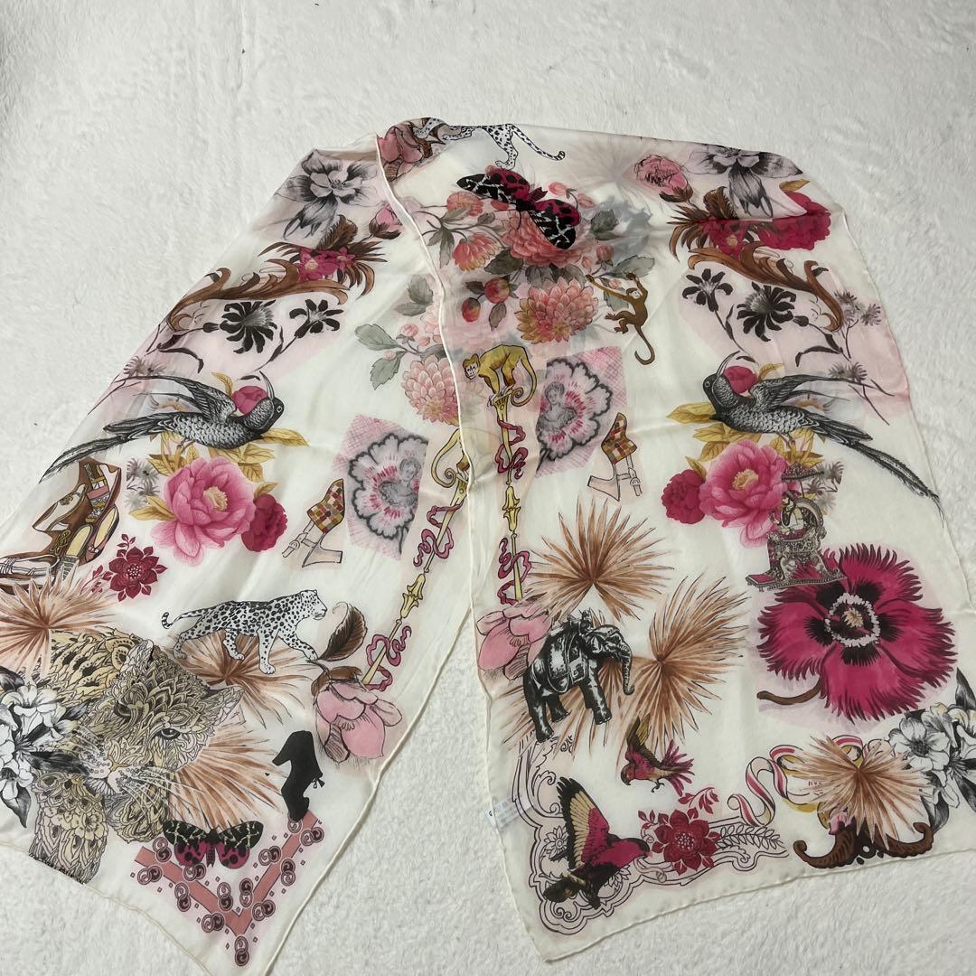 美品　サルバトーレフェラガモ　シフォン　ストール　虎　鳥　花柄