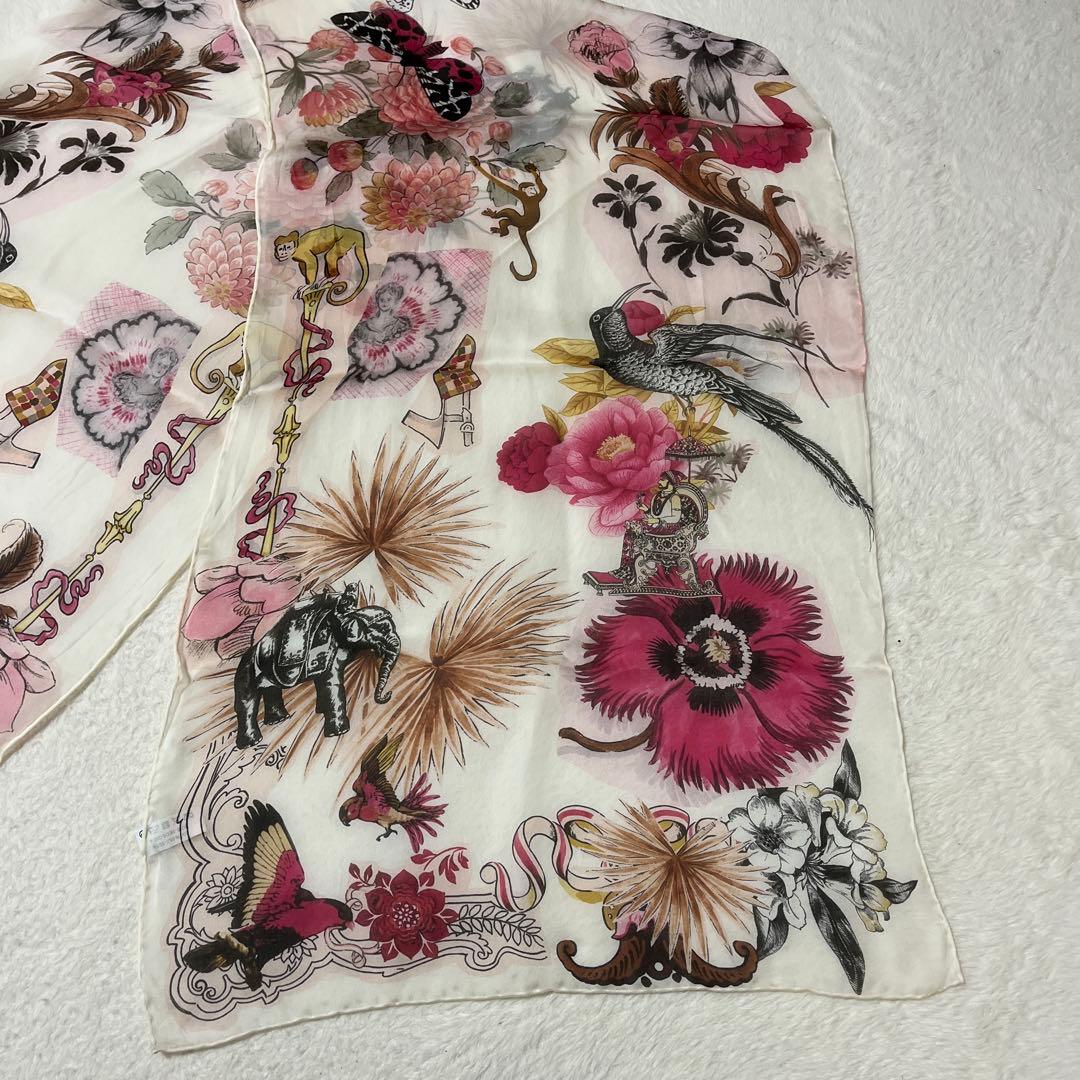 美品　サルバトーレフェラガモ　シフォン　ストール　虎　鳥　花柄