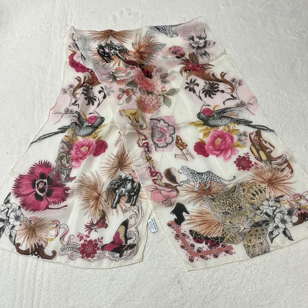 美品　サルバトーレフェラガモ　シフォン　ストール　虎　鳥　花柄