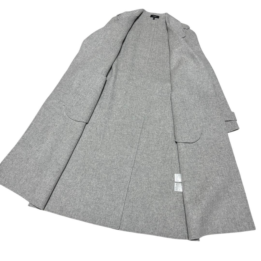 美品 セオリー ダブルフェイス ロングコート ベルト カシミヤ混 グレー M相当