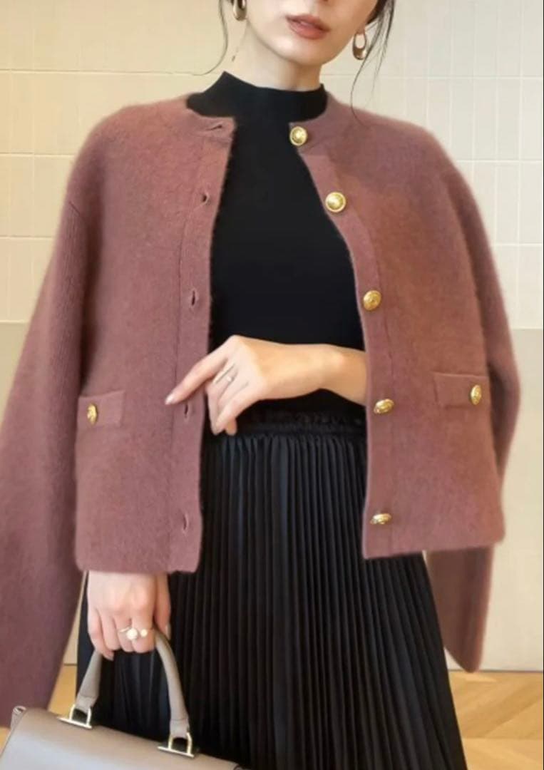 anuans アニュアンス ラクーンブレンドノーカラーニットジャケット ピンク