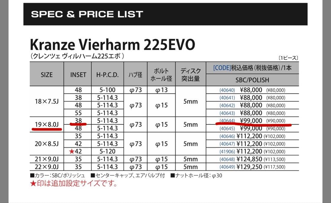 Kranze Vierharm 225EVO 19インチ