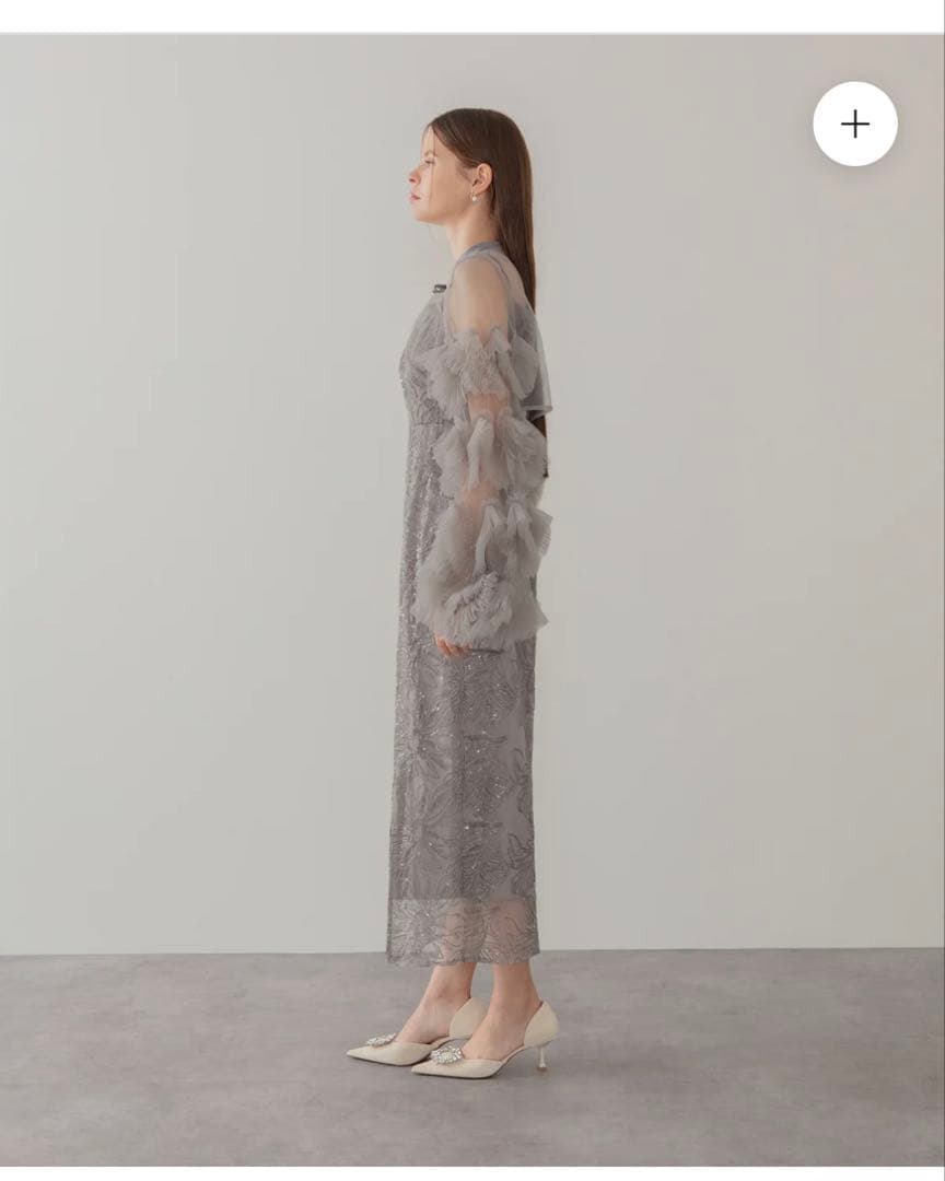 グレー シフォン シースドレス フリル袖