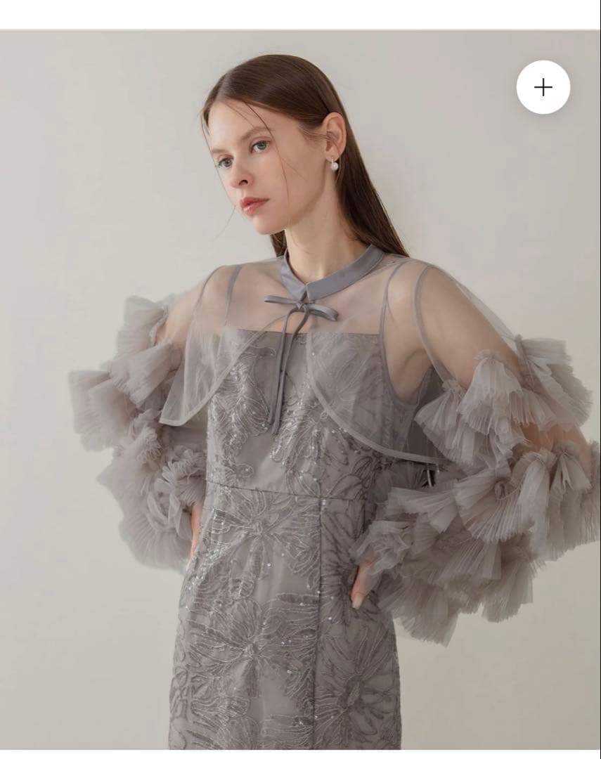 グレー シフォン シースドレス フリル袖