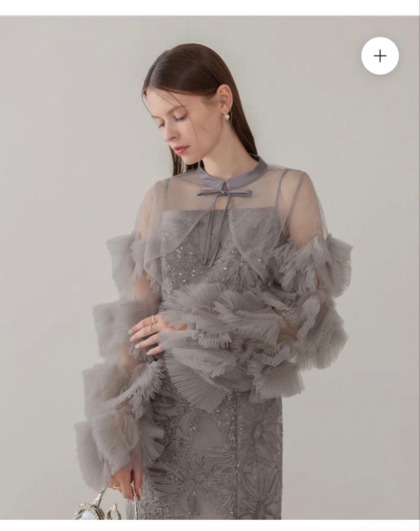 グレー シフォン シースドレス フリル袖