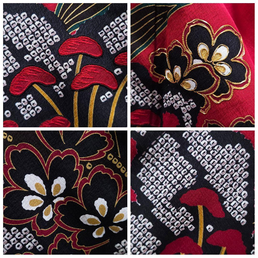 E◆着物くつろぎ 百合の花模様 金彩 金駒刺繍 赤 黒 正絹 振袖 成人式 着物