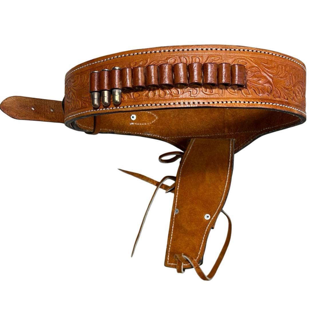 未使用級　カービングレザーガンベルト ナチュラルW最長約109cm最短約94cm