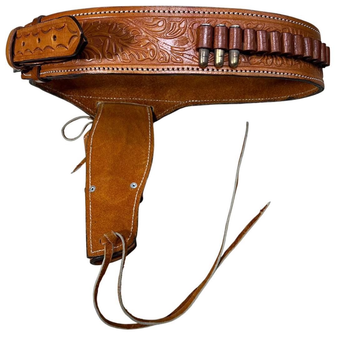 未使用級　カービングレザーガンベルト ナチュラルW最長約109cm最短約94cm