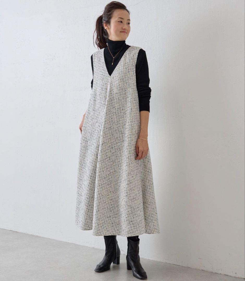 【新品タグ付】BEARDSLEY✴︎ツイードフレアワンピース　ホワイト サイズ1