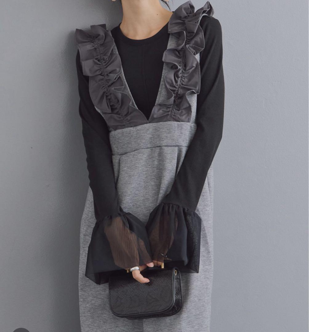 新品タグ付き シアーカフスリブニット+異素材フリルショルダージャンスカ セット