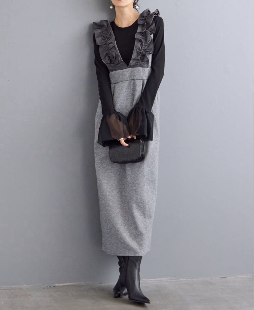 新品タグ付き シアーカフスリブニット+異素材フリルショルダージャンスカ セット