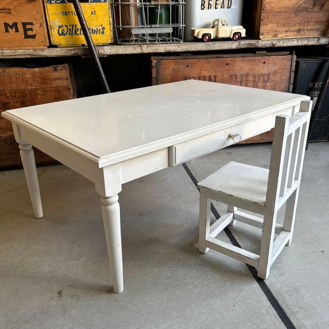 現行ビンテージ デスク & ミニ椅子 セット シャビー ホワイト ローテーブル