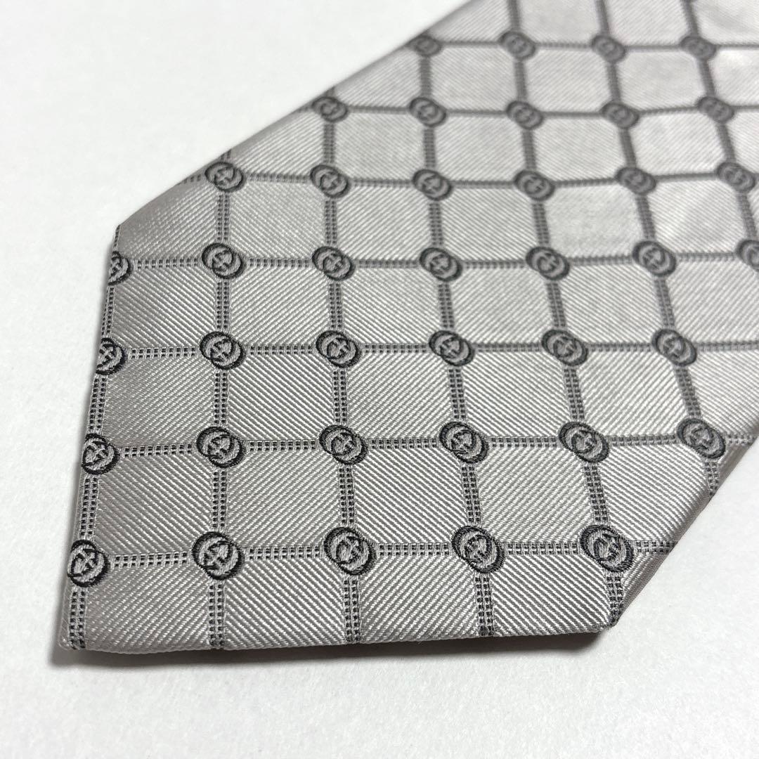 グッチ ネクタイ シルク GG柄 ジャカード 刺繍 ロゴ パターン グレー