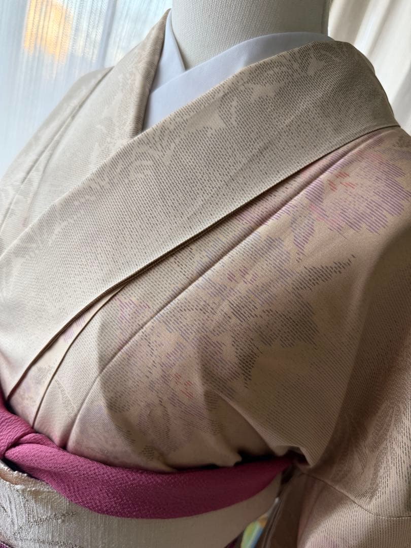 memeko 正絹 白大島紬小紋 ベージュ×グレー×パープル 横双 単品