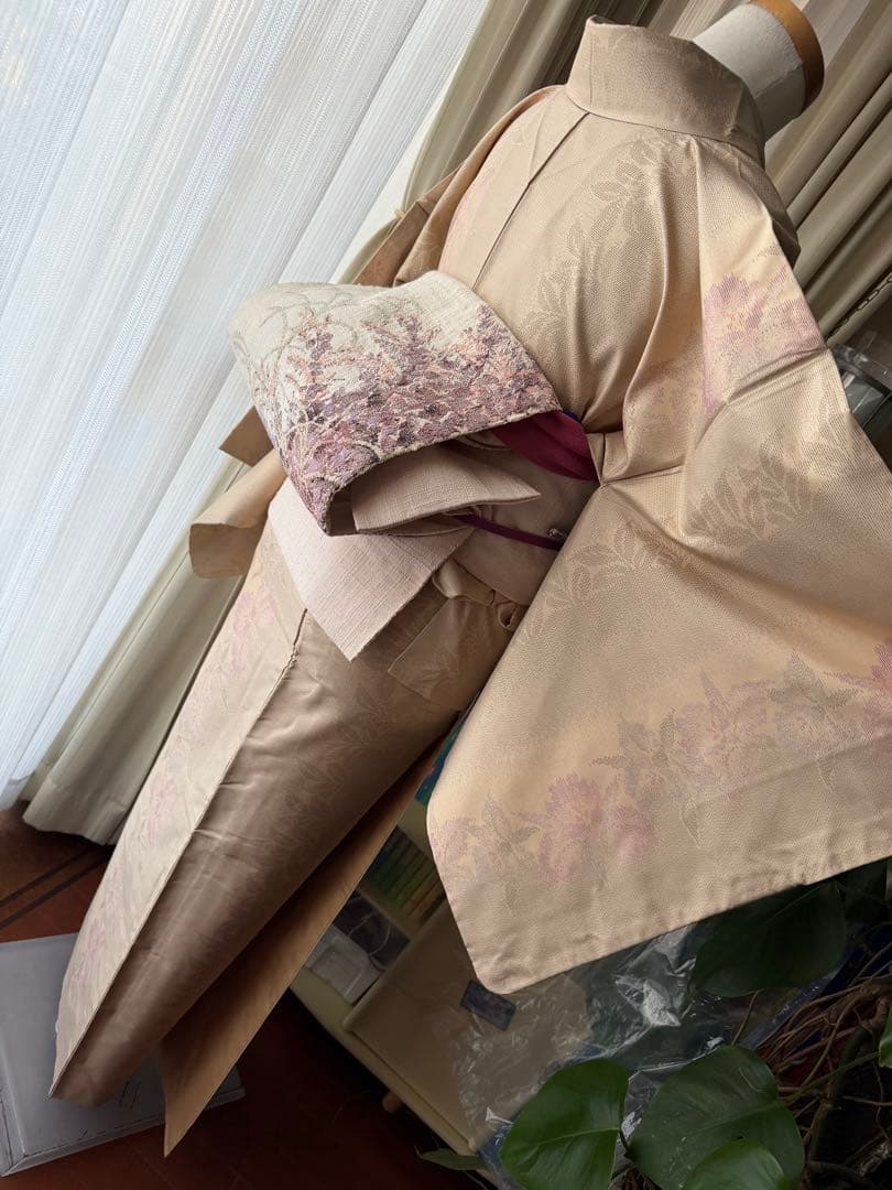 memeko 正絹 白大島紬小紋 ベージュ×グレー×パープル 横双 単品