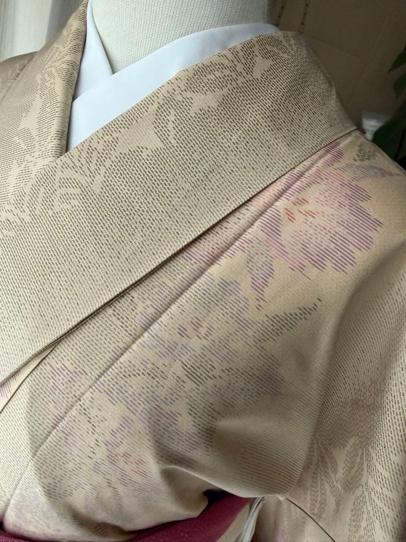 memeko 正絹 白大島紬小紋 ベージュ×グレー×パープル 横双 単品