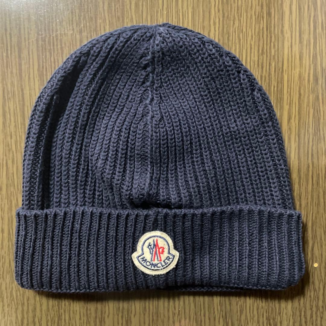 MONCLER ネイビー ニット帽両面ダブルロゴ、ユニセックス