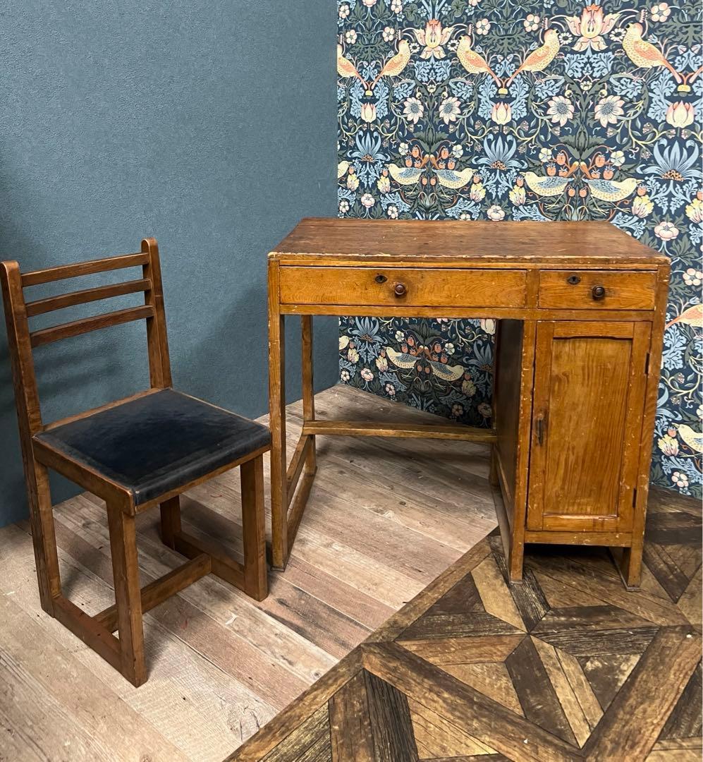 片袖机 デスク 椅子 セット 小ぶり 勉強机 昭和レトロ 当時物 インテリア