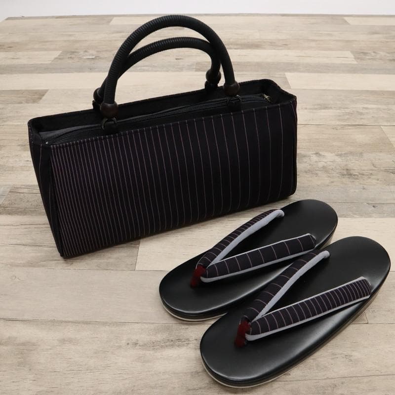 《新古品◆草履バッグセット◆黒地×ピンクのストライプ＊細縞模様◆Z3-12》