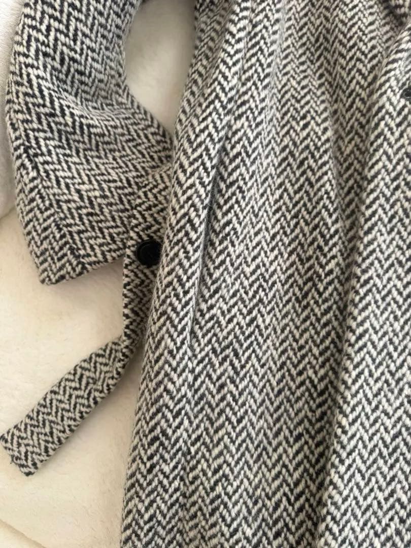 ヘリンボーン柄ロングコート ファー襟付き
