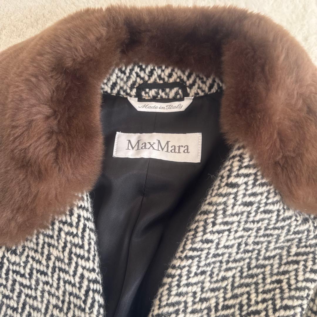 ヘリンボーン柄ロングコート ファー襟付き