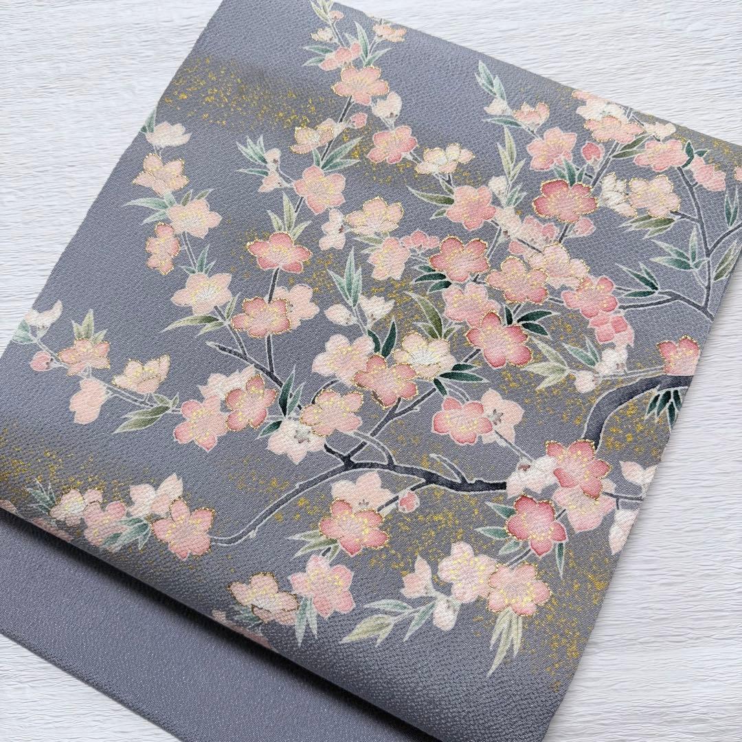 m-57 東京友禅 加納知之 枝桜 鬼しぼ縮緬 金彩 名古屋帯 正絹