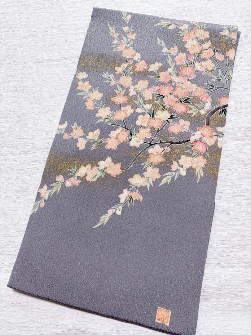 m-57 東京友禅 加納知之 枝桜 鬼しぼ縮緬 金彩 名古屋帯 正絹