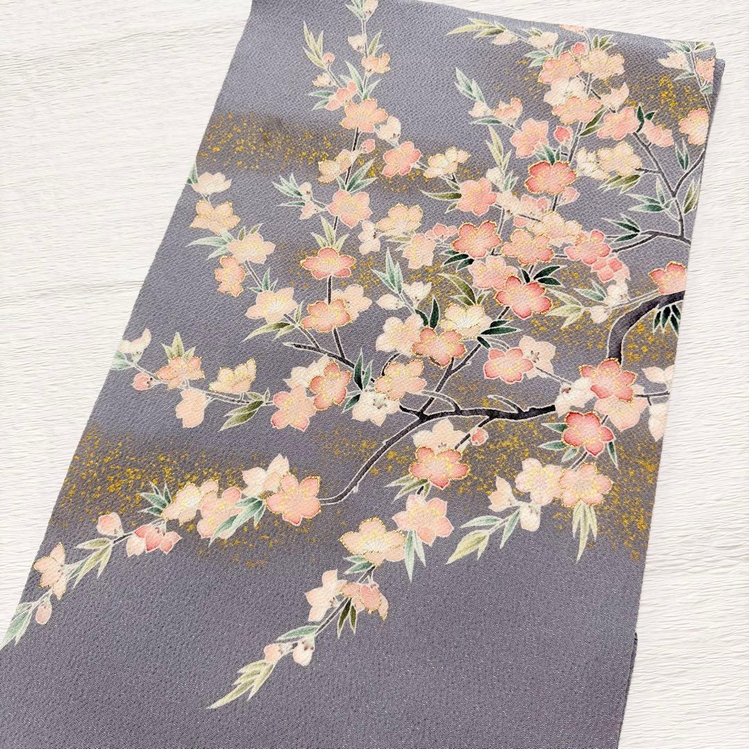 m-57 東京友禅 加納知之 枝桜 鬼しぼ縮緬 金彩 名古屋帯 正絹