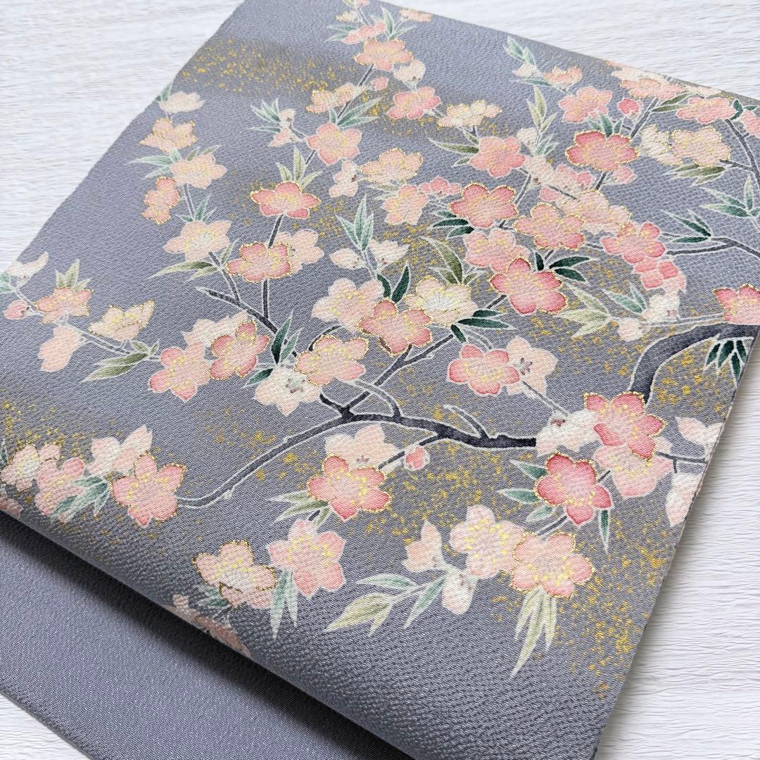 m-57 東京友禅 加納知之 枝桜 鬼しぼ縮緬 金彩 名古屋帯 正絹