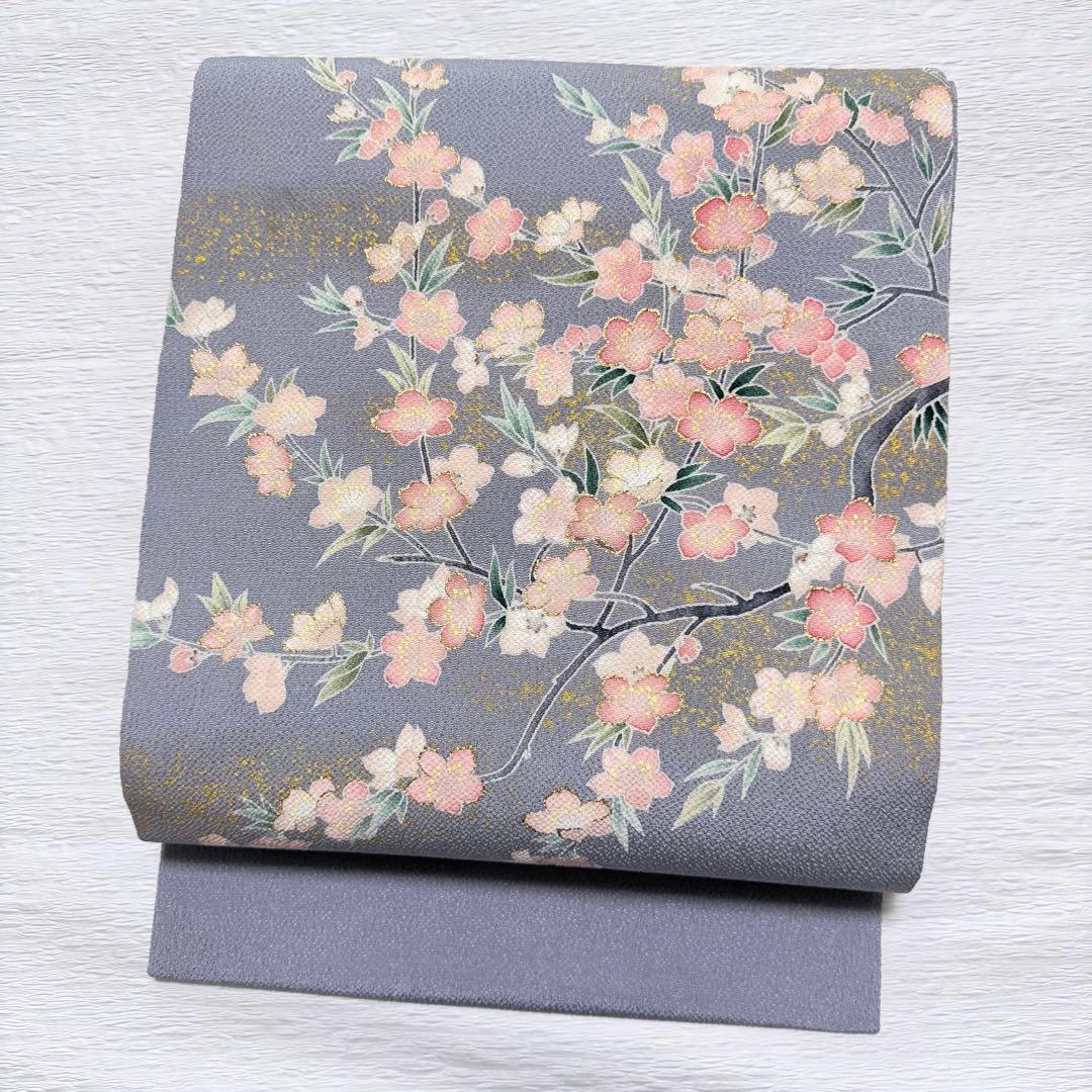 m-57 東京友禅 加納知之 枝桜 鬼しぼ縮緬 金彩 名古屋帯 正絹