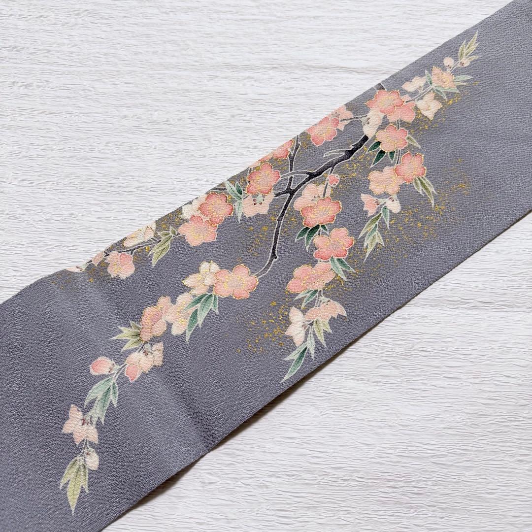 m-57 東京友禅 加納知之 枝桜 鬼しぼ縮緬 金彩 名古屋帯 正絹