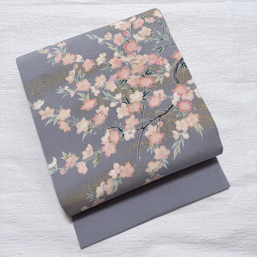 m-57 東京友禅 加納知之 枝桜 鬼しぼ縮緬 金彩 名古屋帯 正絹