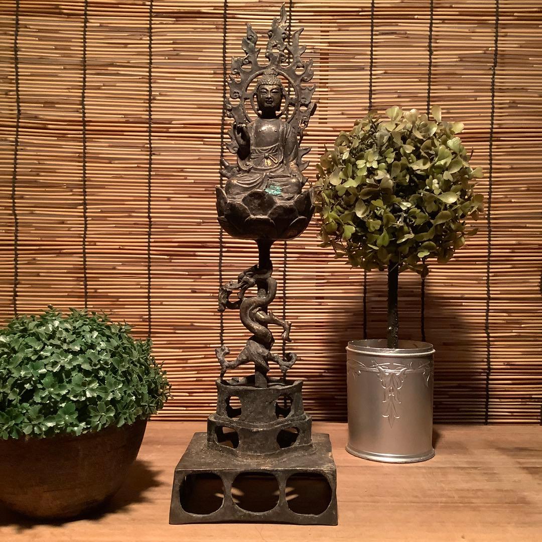 中国・北魏「天上界・阿弥陀如来」龍神・隋・唐・三重方形座・鍍金黄銅