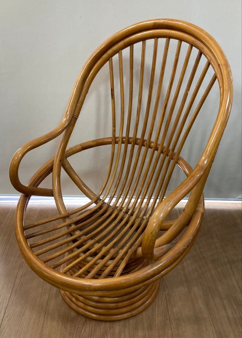 ラタンチェア 360度 回転式 籐家具 ひじ掛け 昭和レトロ