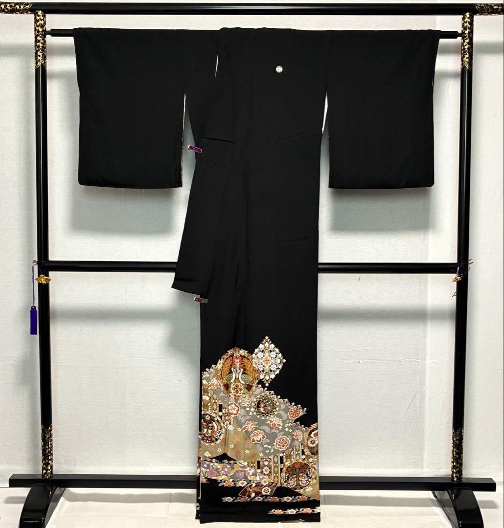 D97 黒留袖 華文 鳳凰 金駒刺繍 桐紋 正絹 着物 袷 美品