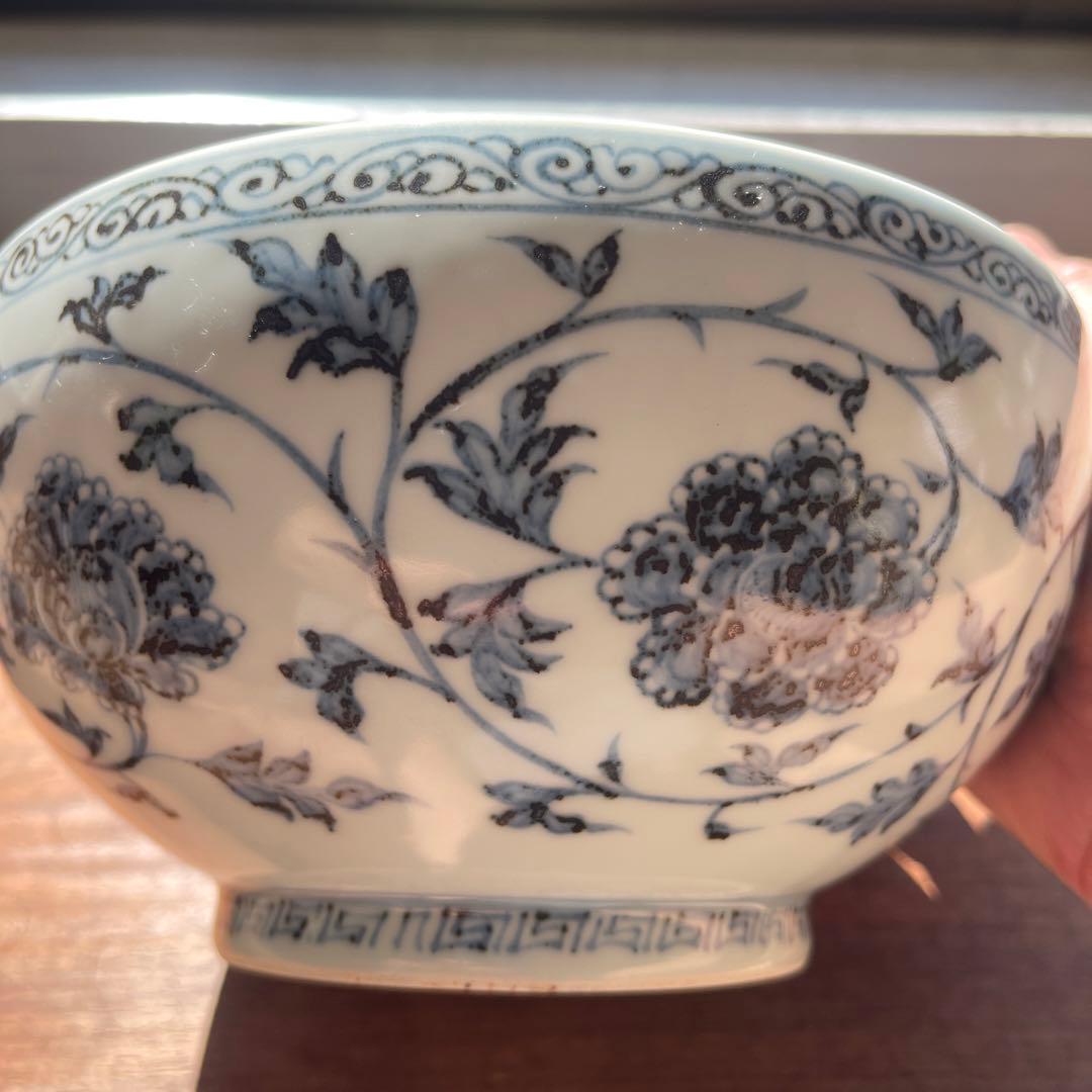 希少美品　明初期　染付青い花柄の陶器ボウル