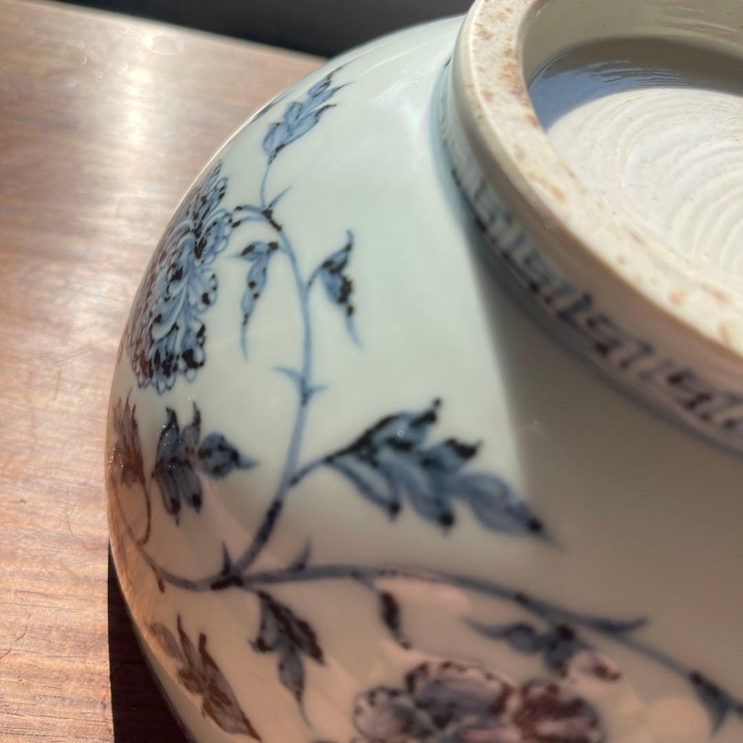 希少美品　明初期　染付青い花柄の陶器ボウル