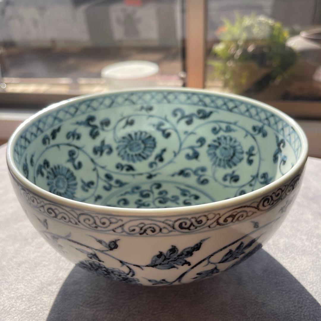 希少美品　明初期　染付青い花柄の陶器ボウル