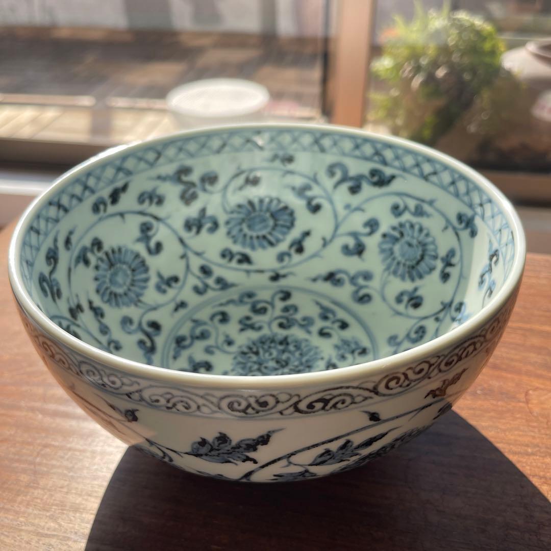 希少美品　明初期　染付青い花柄の陶器ボウル