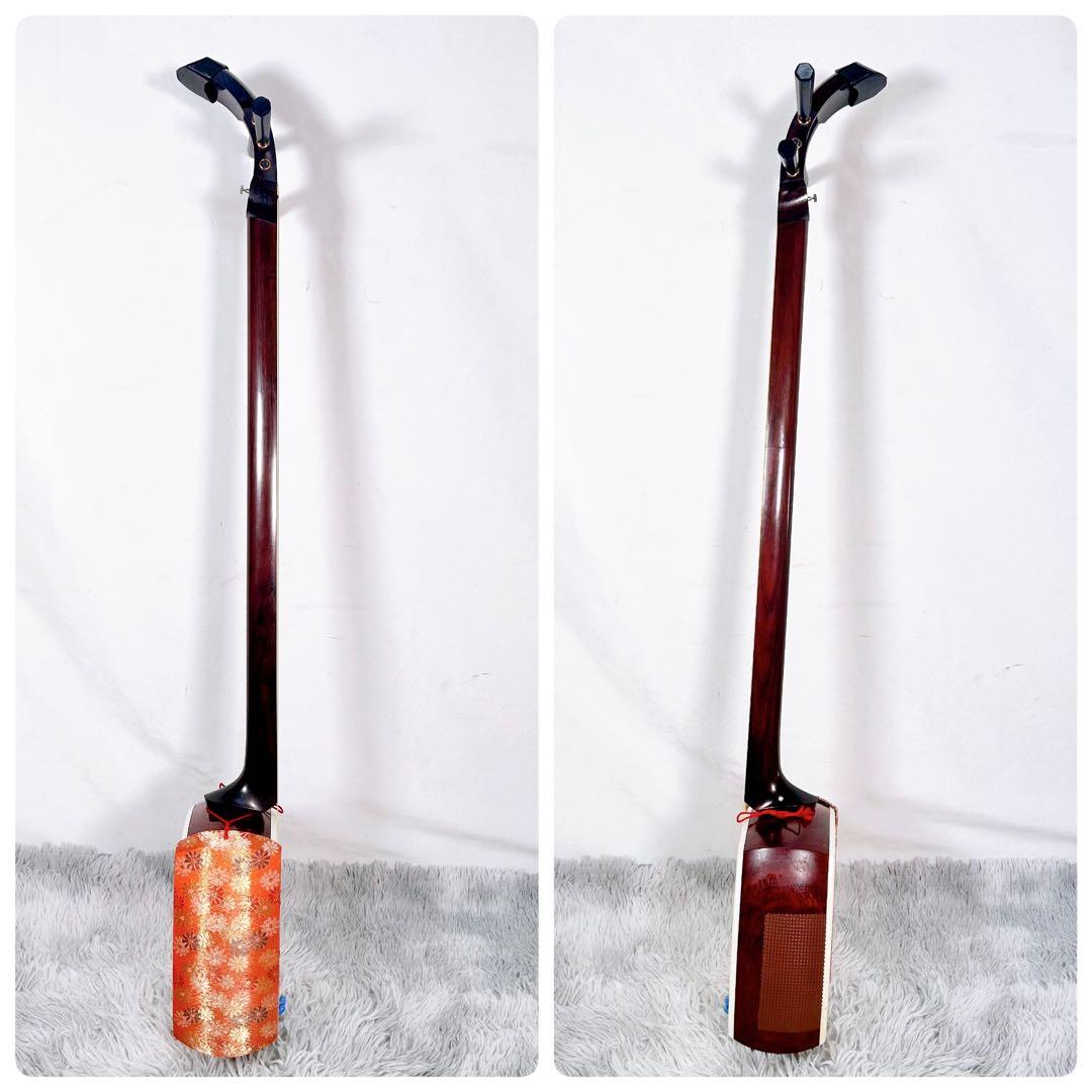 【希少】民謡三味線　中棹　紫檀　正寸　丸打胴　本皮　一本溝　皮破れなし　東さわり