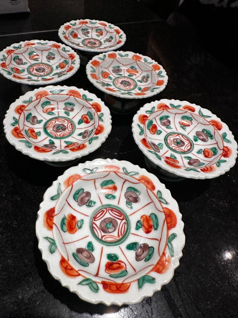 九谷焼　須田菁華作　6客　花文　輪花鉢　高台皿