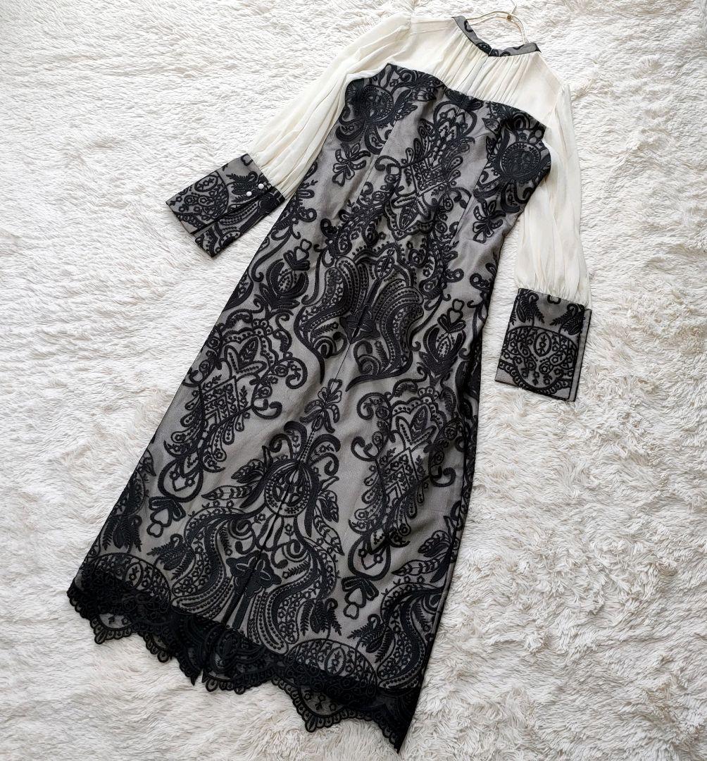 【美品】 アンドレスド　ダマスク　ギャザー　ドレス　ワンピース　刺繍　L